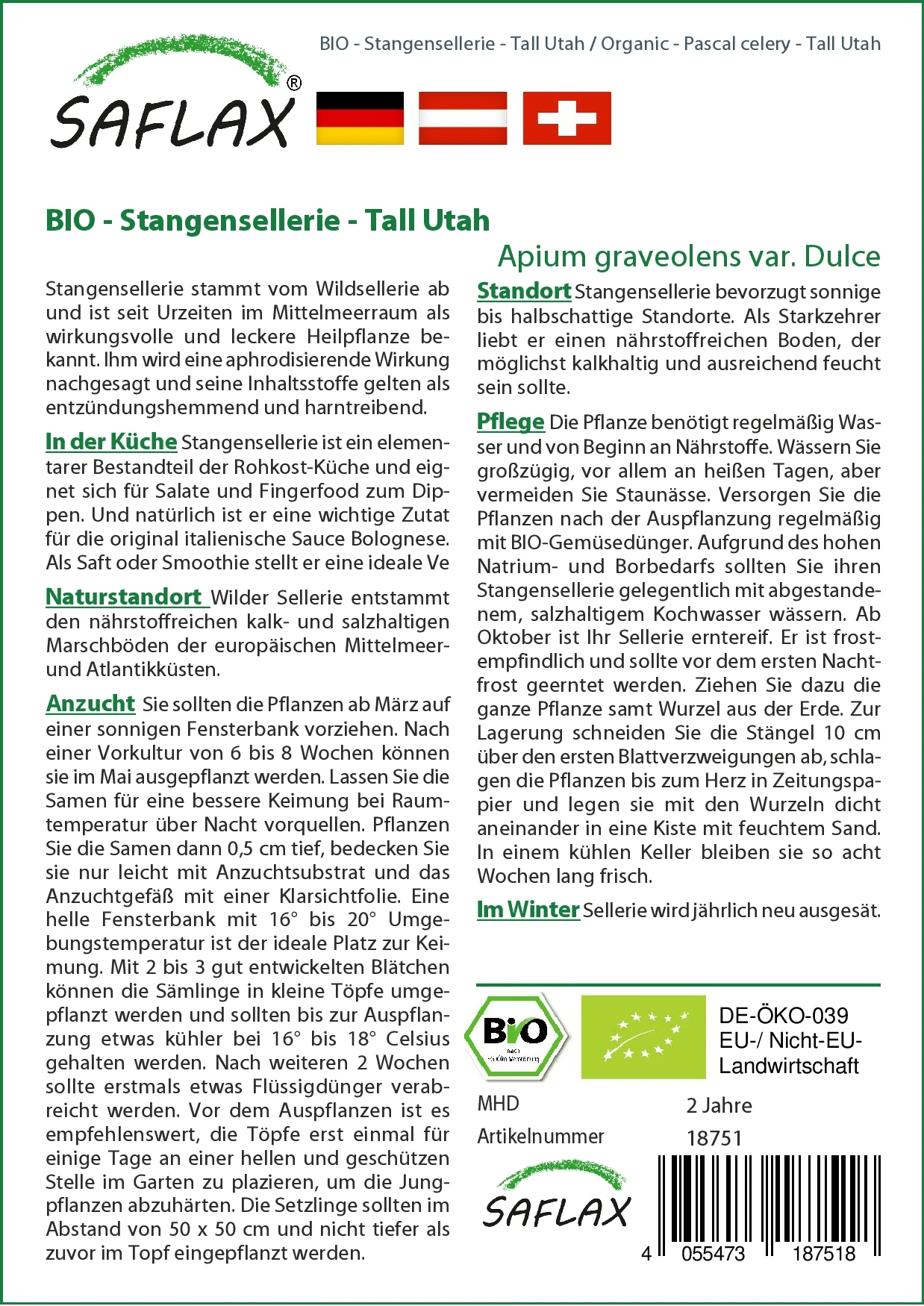 Stangensellerie Tall Utah | BIO Stangenselleriesamen Von Saflax 3 Stangensellerie Tall Utah | BIO Stangenselleriesamen Von Saflax